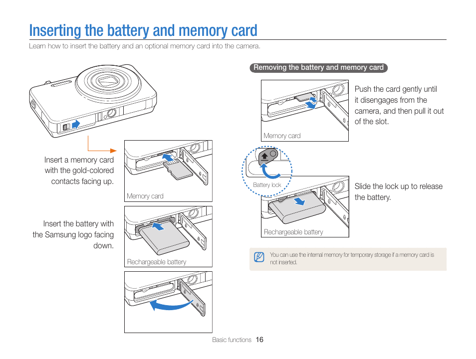 Inserting the battery and memory card | Samsung EC-ST95ZZBPBUS User Manual | Page 17 / 139