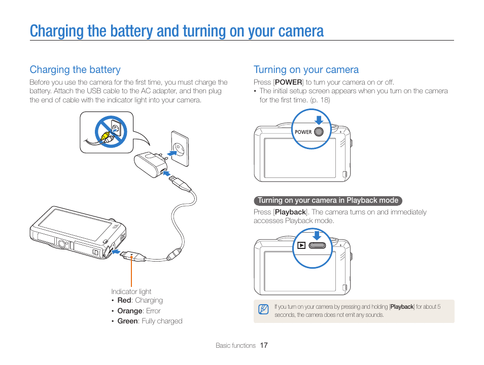 Charging the battery and turning on your camera, Charging the battery, Turning on your camera | Charging the battery and turning on your, Camera, Charging the battery ……………………… 17, Turning on your camera ………………… 17 | Samsung EC-ST95ZZBPBUS User Manual | Page 18 / 139