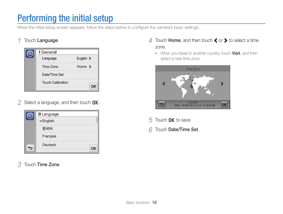 Performing the initial setup | Samsung EC-ST95ZZBPBUS User Manual | Page 19 / 139