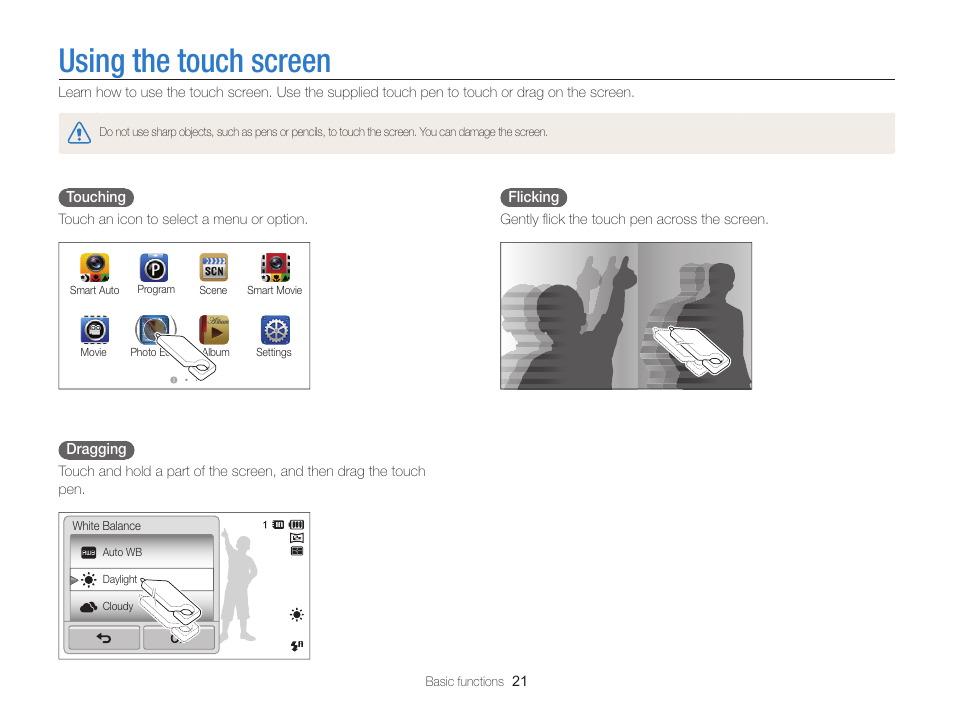 Using the touch screen | Samsung EC-ST95ZZBPBUS User Manual | Page 22 / 139