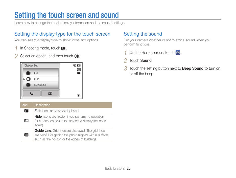 Setting the touch screen and sound, Setting the display type for the touch screen, Setting the sound | Setting the display type for the touch, Screen …………………………………… 23, Setting the sound ………………………… 23 | Samsung EC-ST95ZZBPBUS User Manual | Page 24 / 139