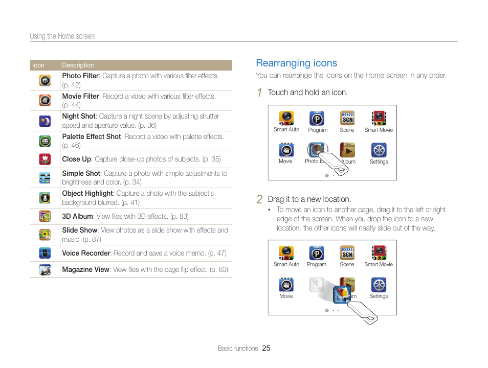 Rearranging icons, Rearranging icons ………………………… 25 | Samsung EC-ST95ZZBPBUS User Manual | Page 26 / 139