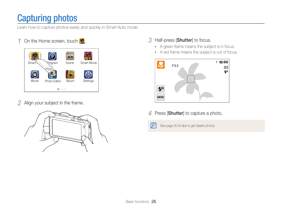 Capturing photos | Samsung EC-ST95ZZBPBUS User Manual | Page 27 / 139