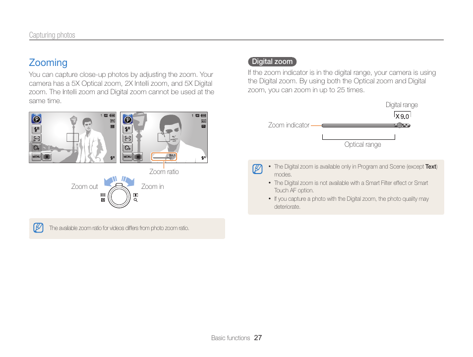 Zooming, Zooming ………………………………… 27 | Samsung EC-ST95ZZBPBUS User Manual | Page 28 / 139