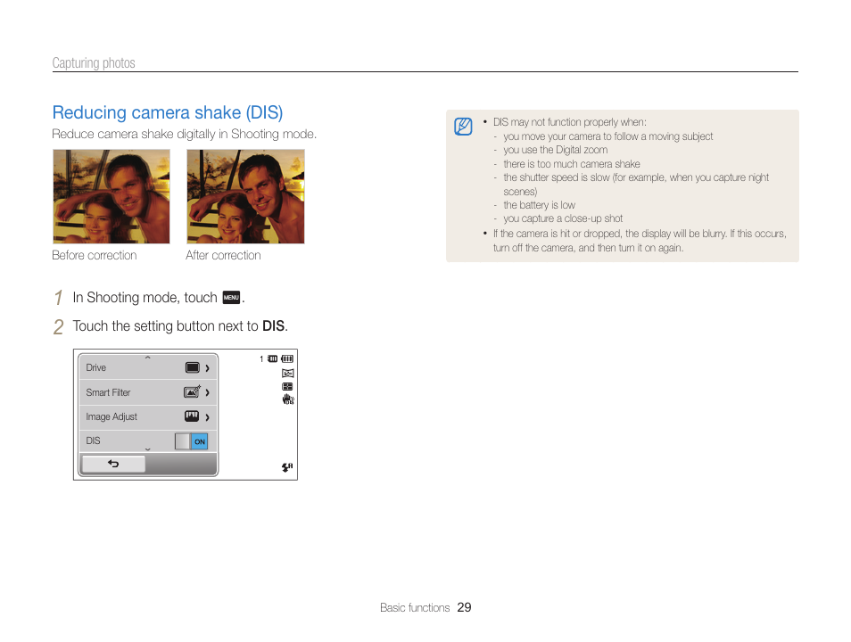 Reducing camera shake (dis), Reducing camera shake (dis) …………… 29 | Samsung EC-ST95ZZBPBUS User Manual | Page 30 / 139