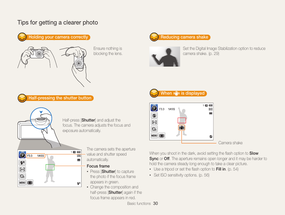 Tips for getting a clearer photo, To ensure the subject is focused. (p. 30) | Samsung EC-ST95ZZBPBUS User Manual | Page 31 / 139