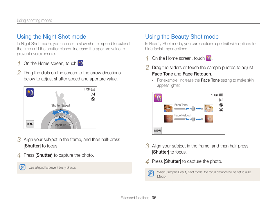 Using the night mode, Using the beauty shot mode, Select night shot mode. (p. 36) | Using the night shot mode, Using the night shot mode ……………… 36, Using the beauty shot mode …………… 36 | Samsung EC-ST95ZZBPBUS User Manual | Page 37 / 139