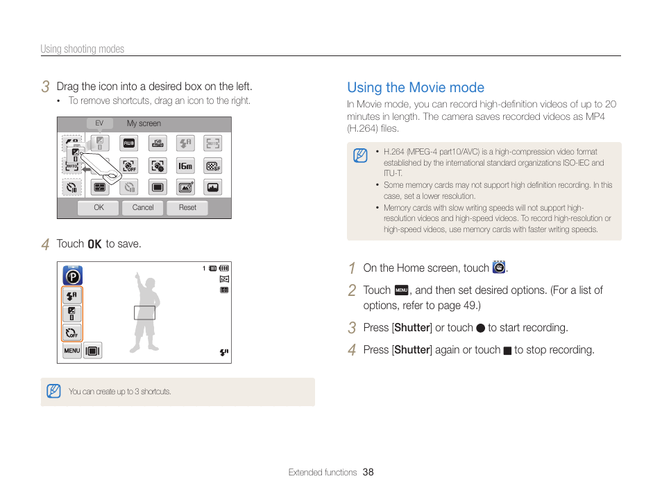 Using the movie mode, Using the movie mode …………………… 38 | Samsung EC-ST95ZZBPBUS User Manual | Page 39 / 139