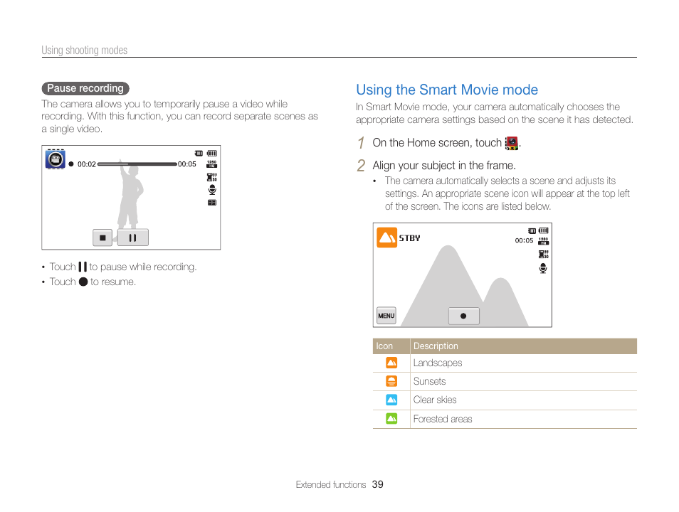 Using the smart movie mode, Using the smart movie mode …………… 39 | Samsung EC-ST95ZZBPBUS User Manual | Page 40 / 139