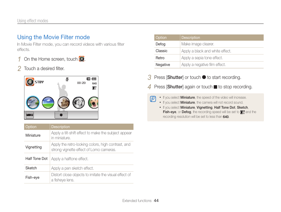 Using the movie filter mode, Using the movie filter mode ……………… 44 | Samsung EC-ST95ZZBPBUS User Manual | Page 45 / 139