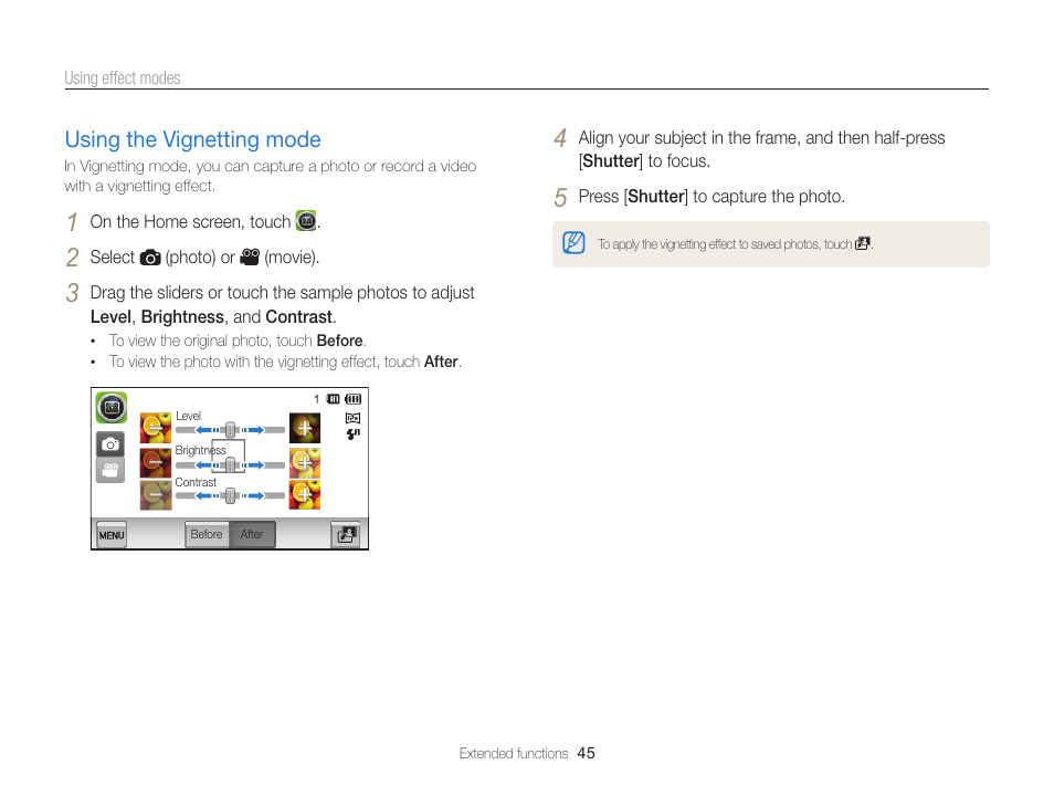 Using the vignetting mode, Using the vignetting mode ……………… 45 | Samsung EC-ST95ZZBPBUS User Manual | Page 46 / 139