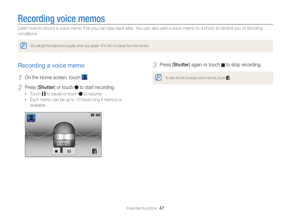 Recording voice memos, Recording a voice memo, Recording a voice memo ………………… 47 | Samsung EC-ST95ZZBPBUS User Manual | Page 48 / 139