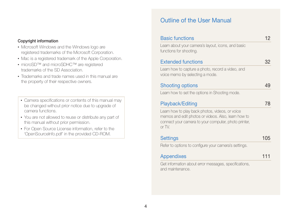 Outline of the user manual | Samsung EC-ST95ZZBPBUS User Manual | Page 5 / 139