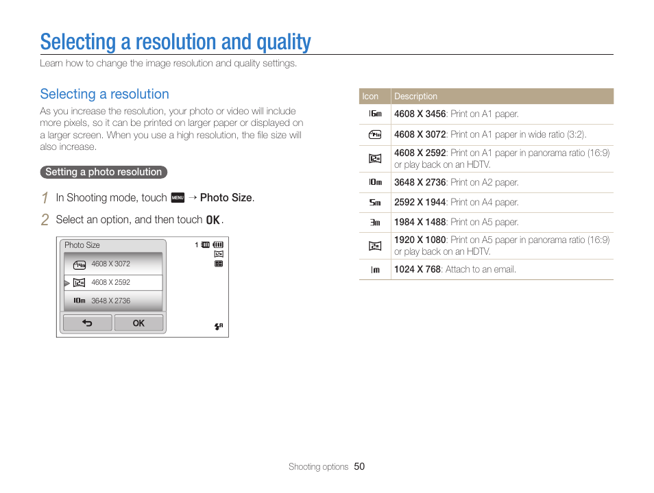 Selecting a resolution and quality, Selecting a resolution, Selecting a resolution …………………… 50 | Samsung EC-ST95ZZBPBUS User Manual | Page 51 / 139