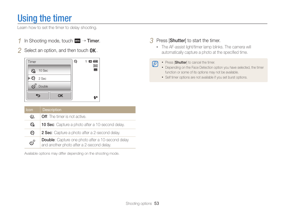 Using the timer | Samsung EC-ST95ZZBPBUS User Manual | Page 54 / 139