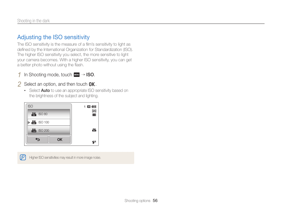 Adjusting the iso sensitivity, Set iso sensitivity options. (p. 56), Adjusting the iso sensitivity ……………… 56 | Samsung EC-ST95ZZBPBUS User Manual | Page 57 / 139