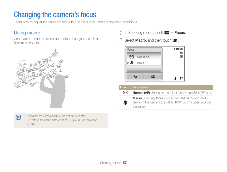 Changing the camera’s focus, Using macro, Using macro ……………………………… 57 | Samsung EC-ST95ZZBPBUS User Manual | Page 58 / 139