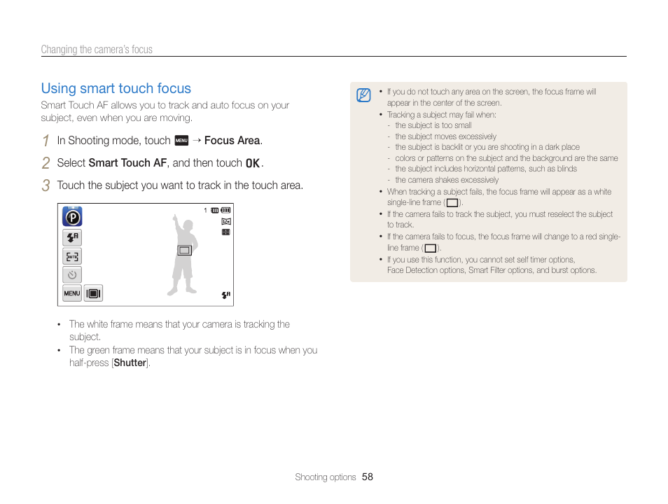 Using smart touch focus, Using smart touch focus ………………… 58 | Samsung EC-ST95ZZBPBUS User Manual | Page 59 / 139