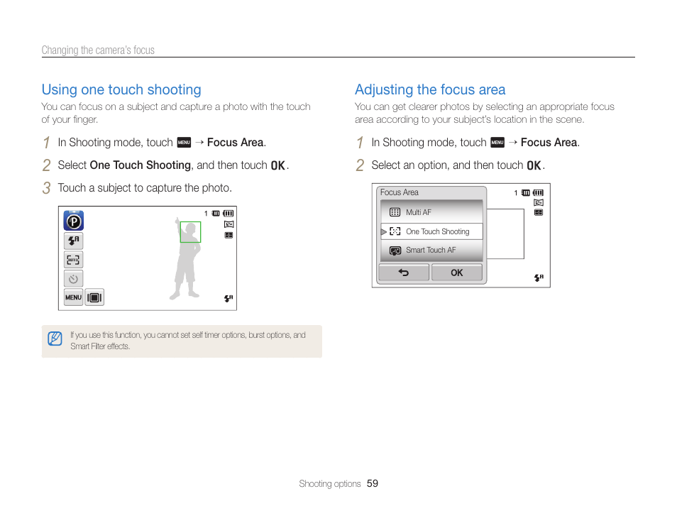 Using one touch shooting, Adjusting the focus area, Using one touch shooting ………………… 59 | Adjusting the focus area ………………… 59 | Samsung EC-ST95ZZBPBUS User Manual | Page 60 / 139