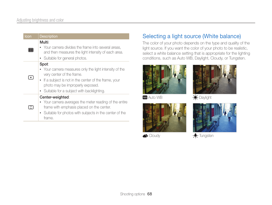 Selecting a light source (white balance), Selecting a light source (white balance) … 68 | Samsung EC-ST95ZZBPBUS User Manual | Page 69 / 139