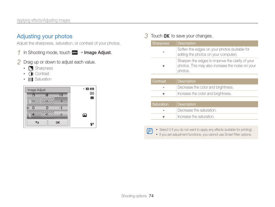 Adjusting your photos, Adjusting your photos …………………… 74 | Samsung EC-ST95ZZBPBUS User Manual | Page 75 / 139