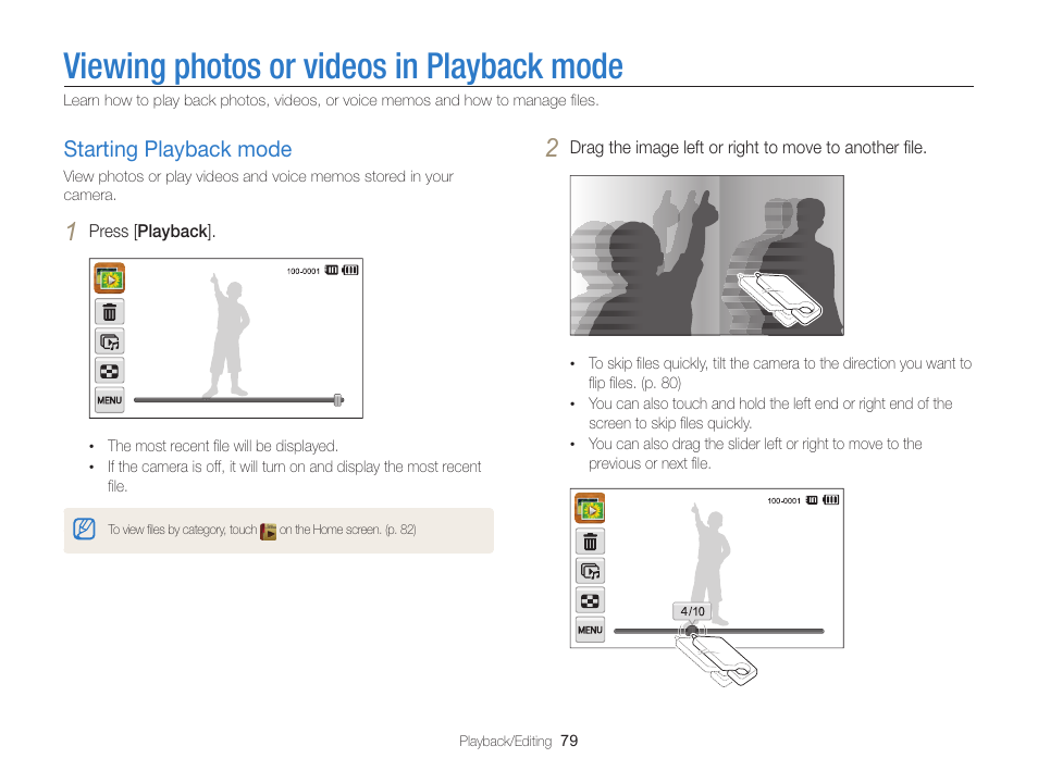 Viewing photos or videos in playback mode, Starting playback mode, Viewing photos or videos in playback | Mode, Starting playback mode ………………… 79 | Samsung EC-ST95ZZBPBUS User Manual | Page 80 / 139