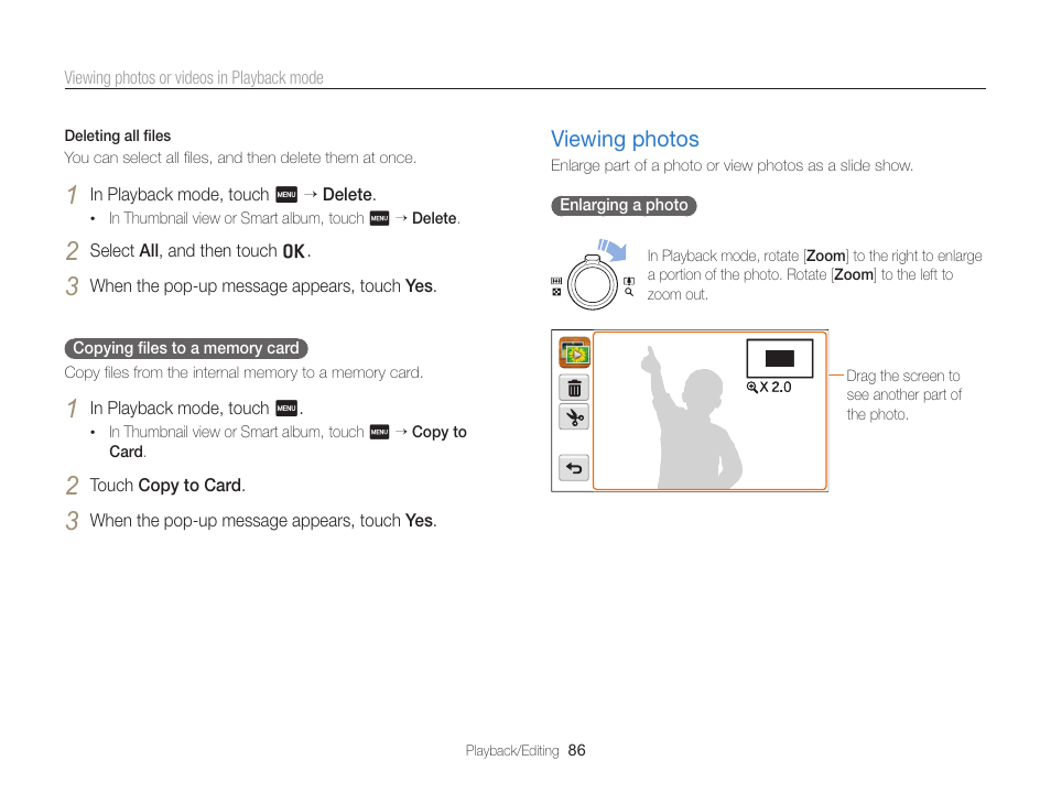 Viewing photos, Viewing photos …………………………… 86 | Samsung EC-ST95ZZBPBUS User Manual | Page 87 / 139