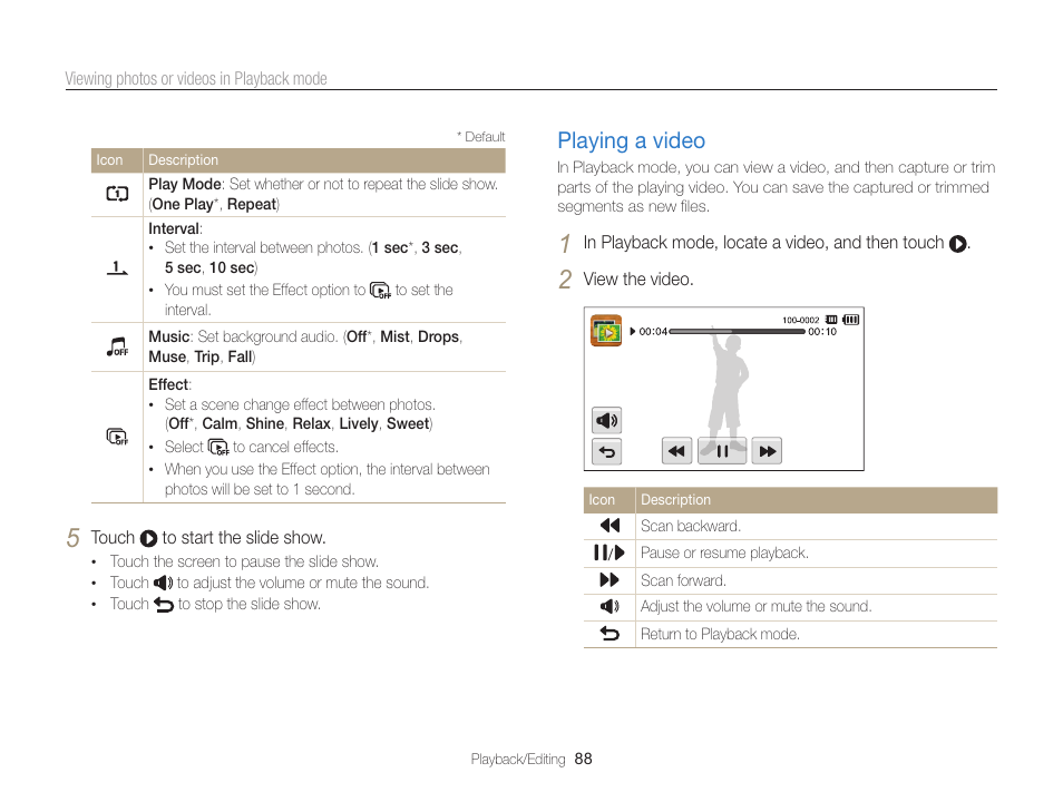 Playing a video, Playing a video …………………………… 88 | Samsung EC-ST95ZZBPBUS User Manual | Page 89 / 139