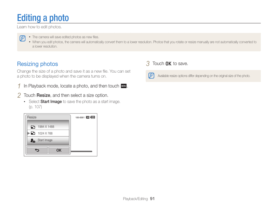 Editing a photo, Resizing photos, Resizing photos …………………………… 91 | Samsung EC-ST95ZZBPBUS User Manual | Page 92 / 139