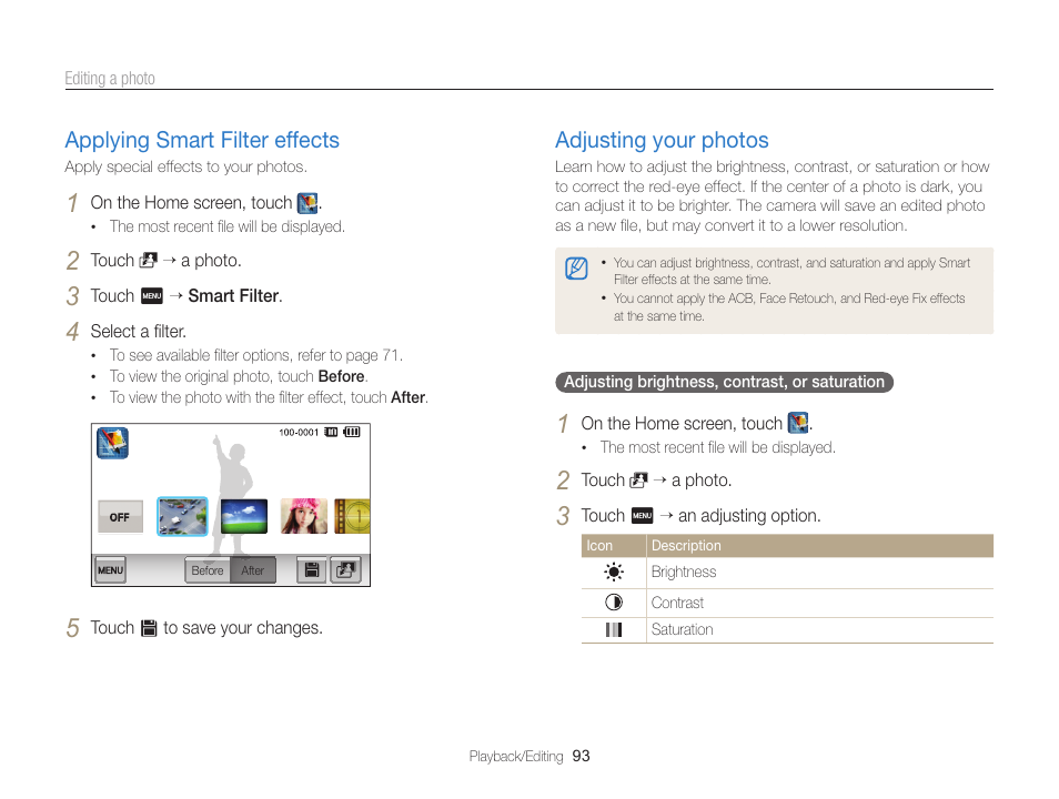 Applying smart filter effects, Adjusting your photos, Applying smart filter effects ……………… 93 | Adjusting your photos …………………… 93 | Samsung EC-ST95ZZBPBUS User Manual | Page 94 / 139