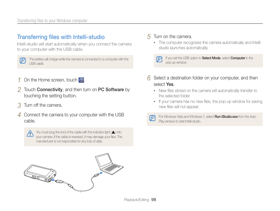 Transferring files with intelli-studio, Transferring ﬁles with intelli-studio, Transferring ﬁles with intelli-studio ………… 98 | Samsung EC-ST95ZZBPBUS User Manual | Page 99 / 139