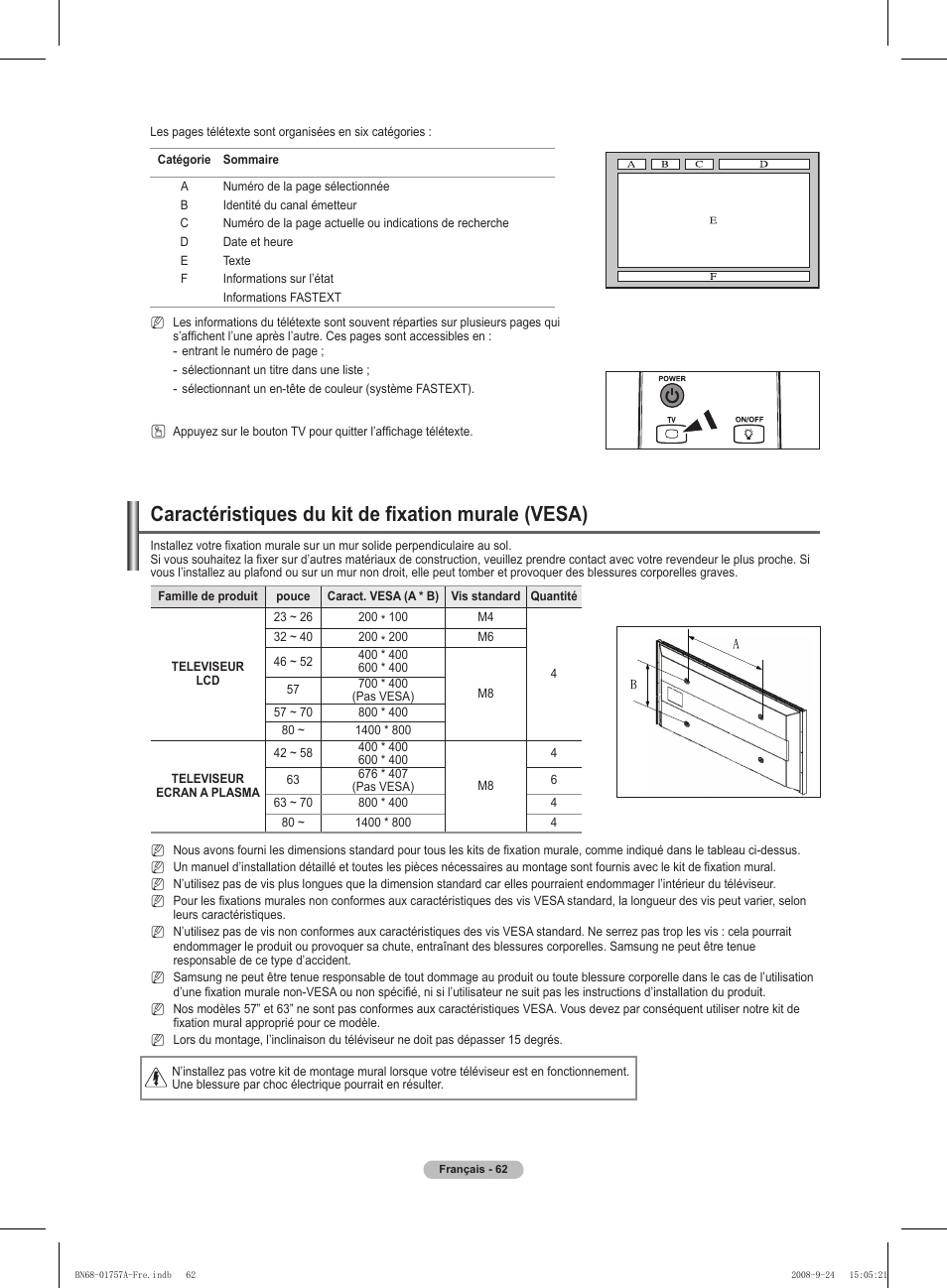 Caractéristiques du kit de fixation murale (vesa) | Samsung PS63A756T1MXXC User Manual | Page 133 / 337