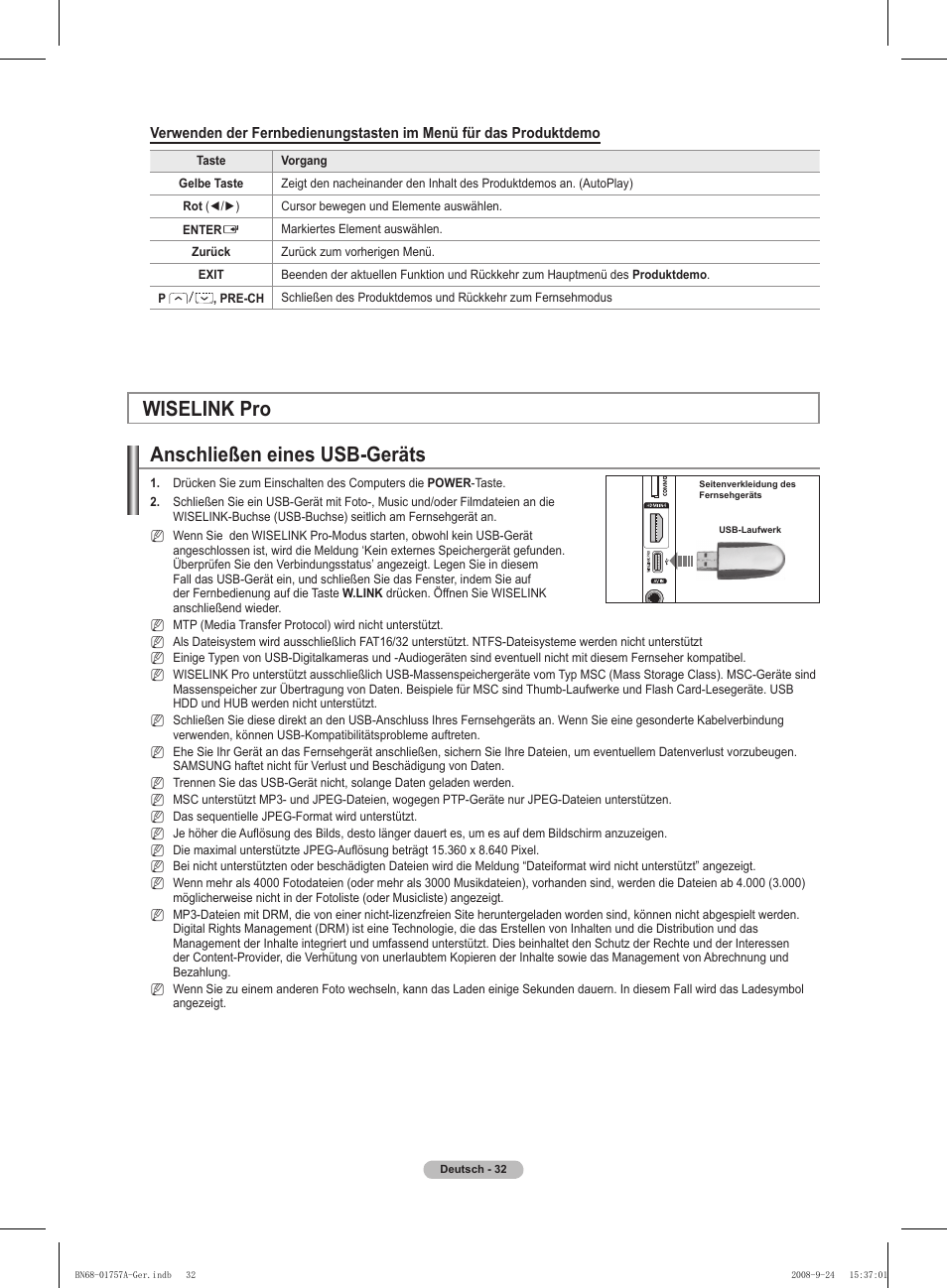 Anschließen eines usb-geräts, Wiselink pro | Samsung PS63A756T1MXXC User Manual | Page 169 / 337