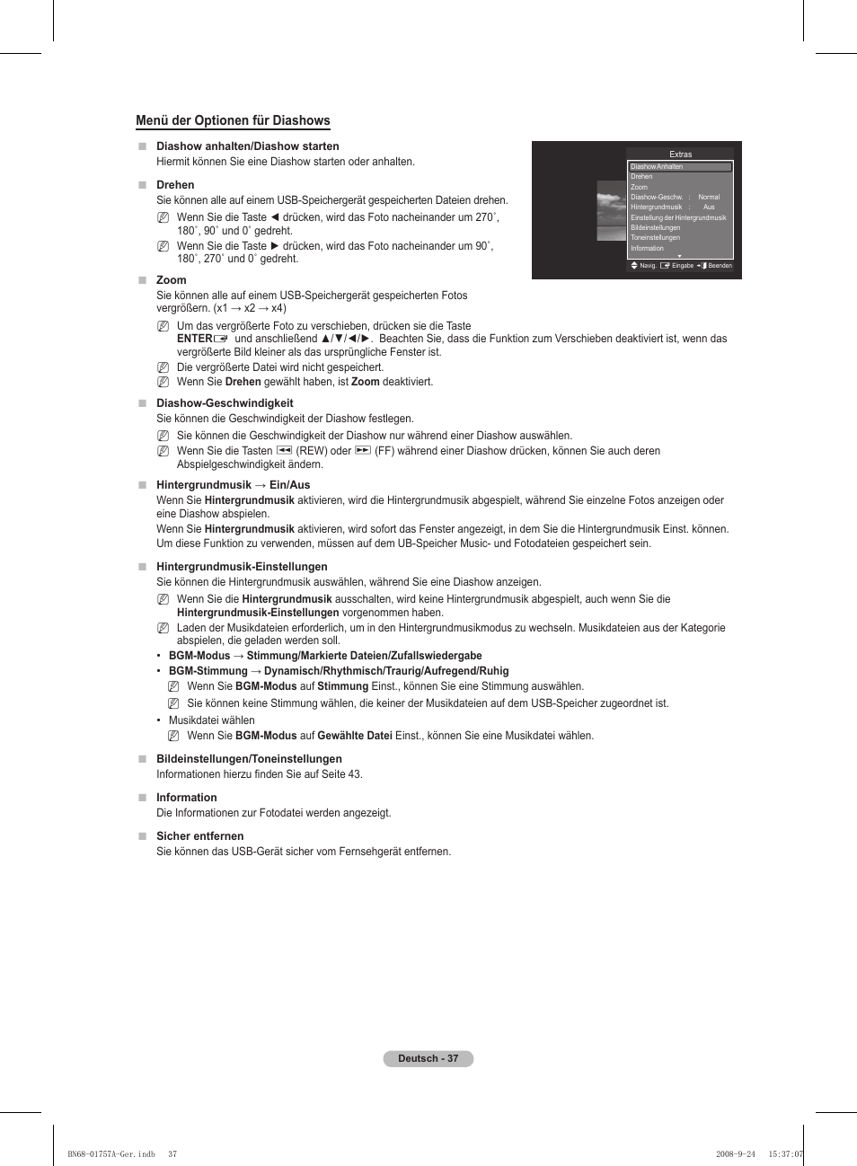 Menü der optionen für diashows | Samsung PS63A756T1MXXC User Manual | Page 174 / 337