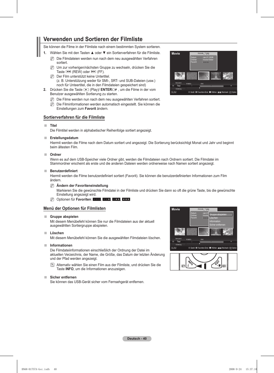 Verwenden und sortieren der filmliste, Sortierverfahren für die filmliste, Menü der optionen für filmlisten | Samsung PS63A756T1MXXC User Manual | Page 177 / 337