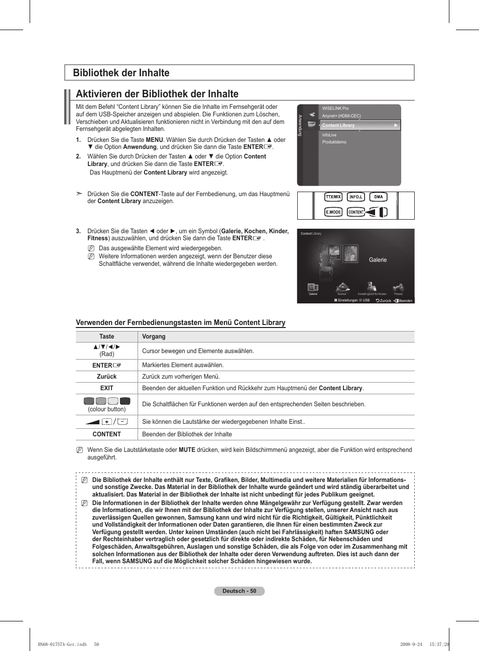 Aktivieren der bibliothek der inhalte, Bibliothek der inhalte | Samsung PS63A756T1MXXC User Manual | Page 187 / 337