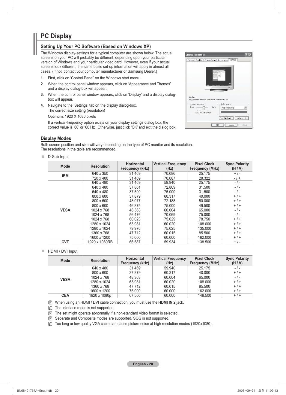 Pc display | Samsung PS63A756T1MXXC User Manual | Page 20 / 337