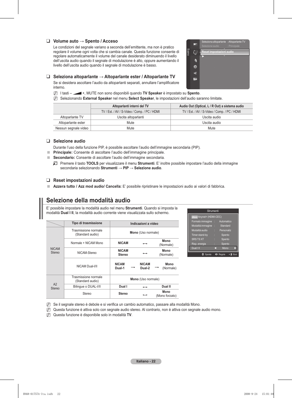 Selezione della modalità audio, Volume auto → spento / acceso, Selezione audio | Reset impostazioni audio | Samsung PS63A756T1MXXC User Manual | Page 225 / 337