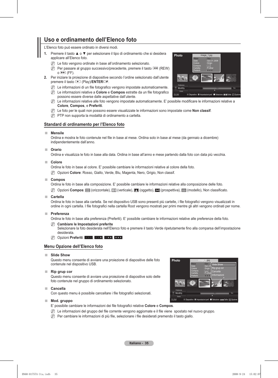 Uso e ordinamento dell’elenco foto, Standard di ordinamento per l’elenco foto, Menu opzione dell’elenco foto | Samsung PS63A756T1MXXC User Manual | Page 238 / 337