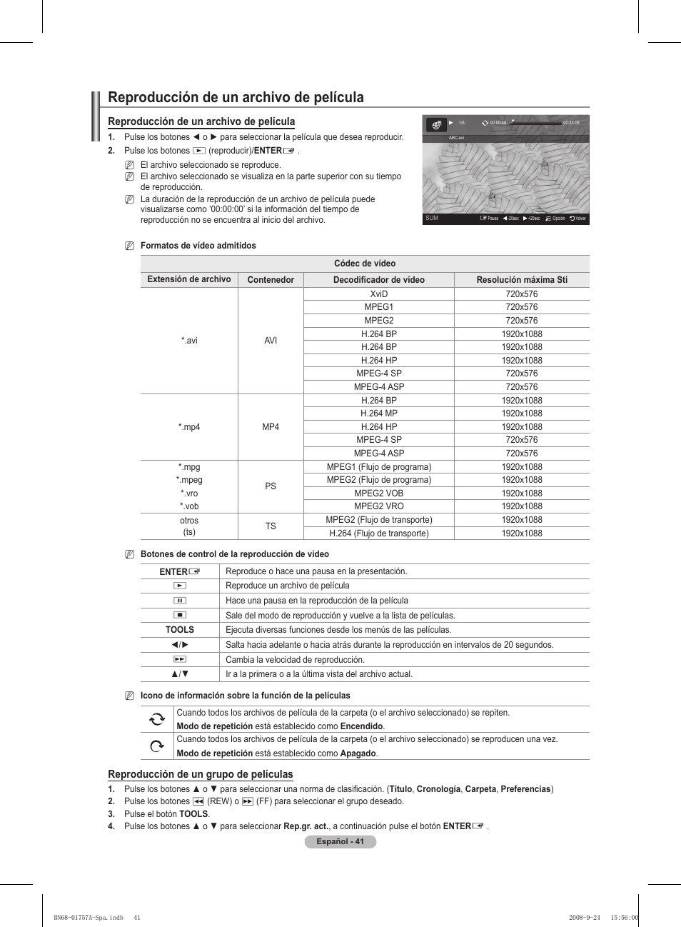 Reproducción de un archivo de película, Reproducción de un grupo de películas | Samsung PS63A756T1MXXC User Manual | Page 311 / 337