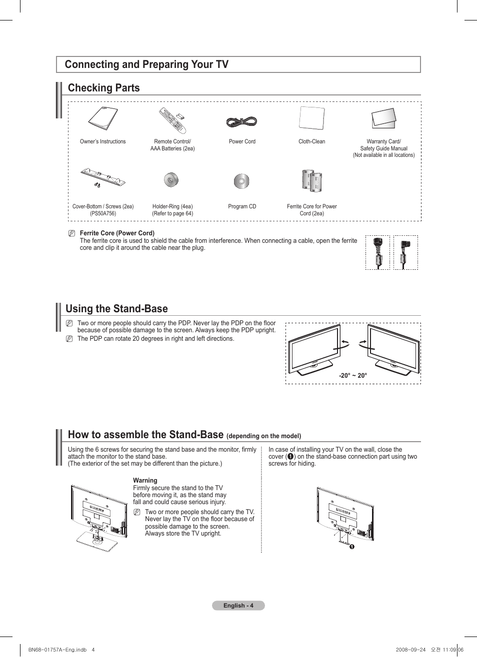 How to assemble the stand-base, Checking parts | Samsung PS63A756T1MXXC User Manual | Page 4 / 337