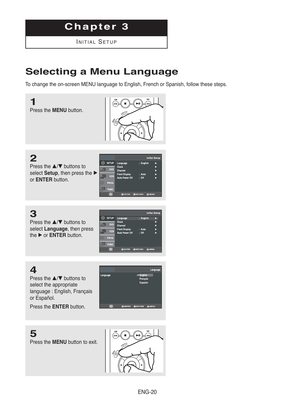 Chapter 3-initial setup, Selecting a menu language | Samsung DVD-V5500-AFS User Manual | Page 20 / 85