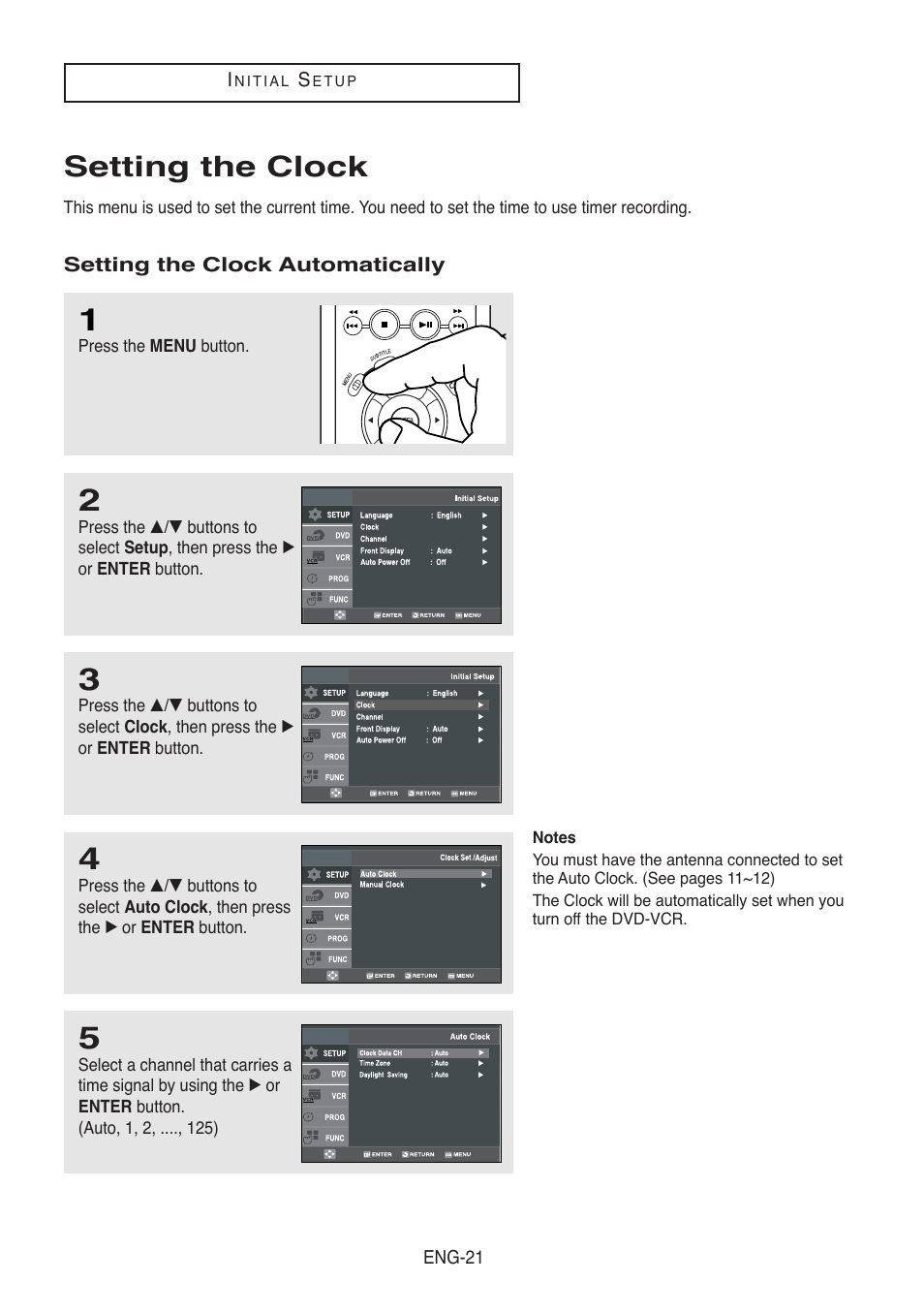 Setting the clock, Setting the clock automatically | Samsung DVD-V5500-AFS User Manual | Page 21 / 85