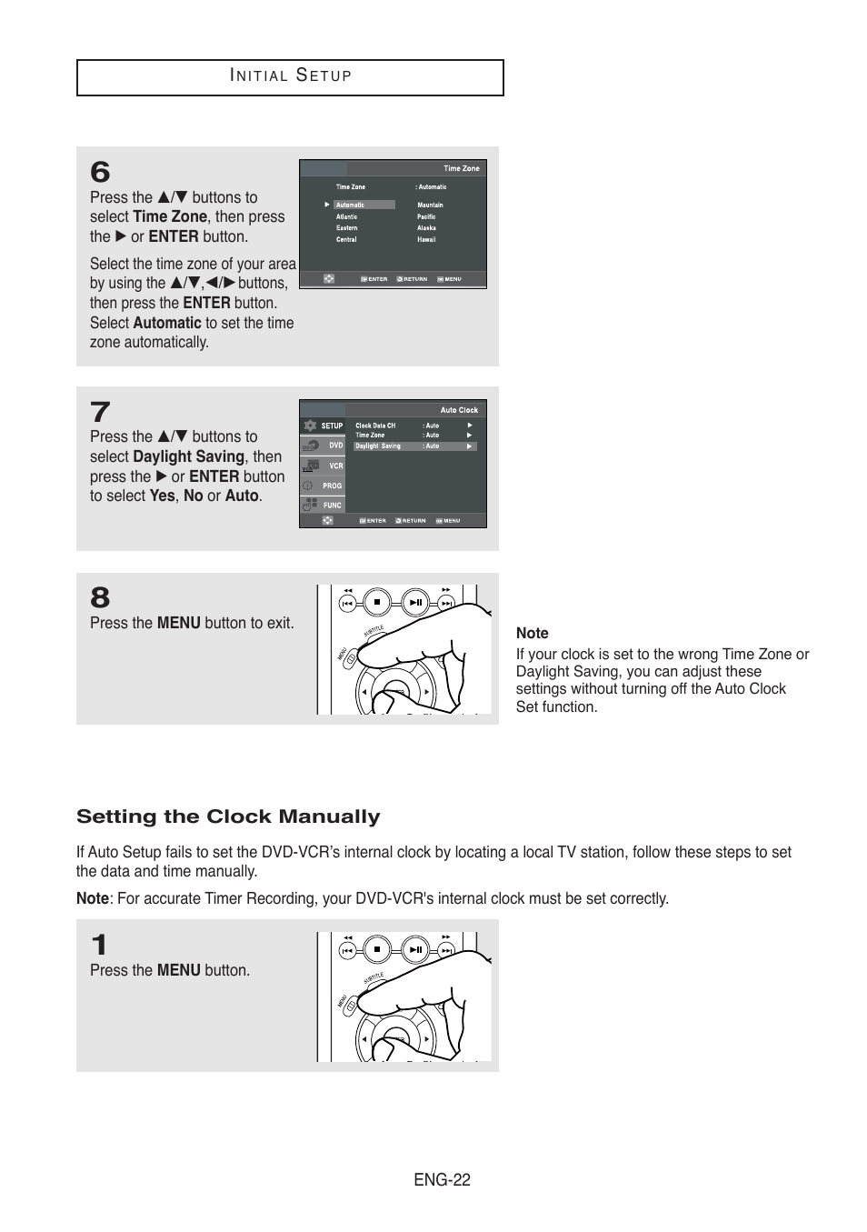 Setting the clock manually | Samsung DVD-V5500-AFS User Manual | Page 22 / 85