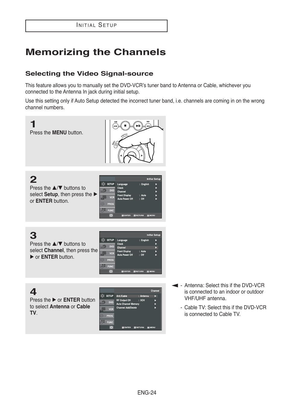 Memorizing the channels, Selecting the video signal-source | Samsung DVD-V5500-AFS User Manual | Page 24 / 85