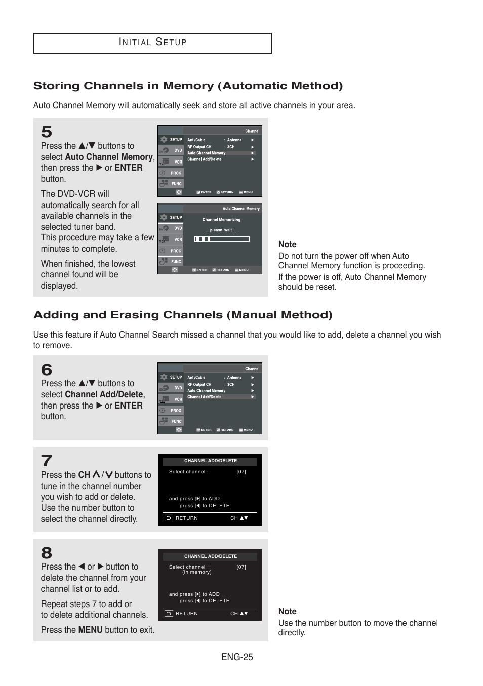 Storing channels in memory (automatic method), Adding and erasing channels (manual method) | Samsung DVD-V5500-AFS User Manual | Page 25 / 85