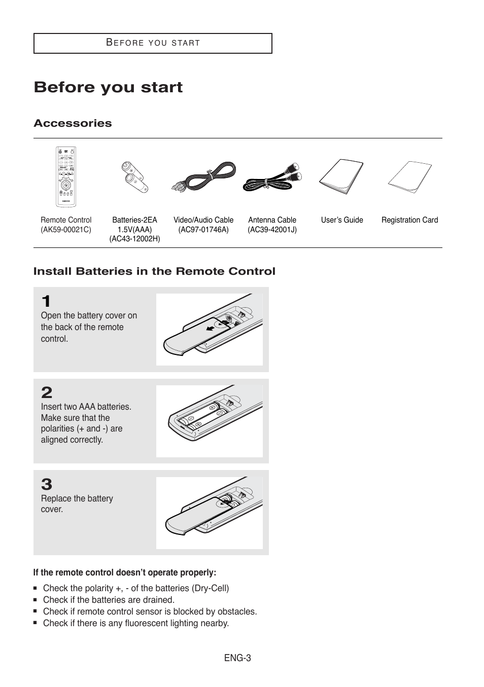 Before you start, Accessories, Install batteries in the remote control | Samsung DVD-V5500-AFS User Manual | Page 3 / 85
