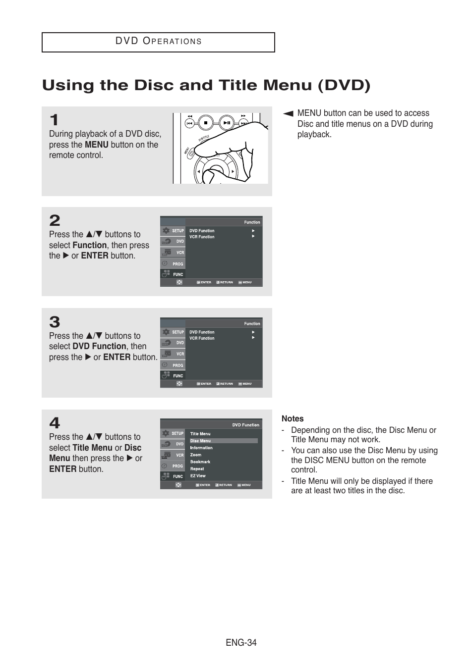 Using the disc and title menu (dvd) | Samsung DVD-V5500-AFS User Manual | Page 34 / 85