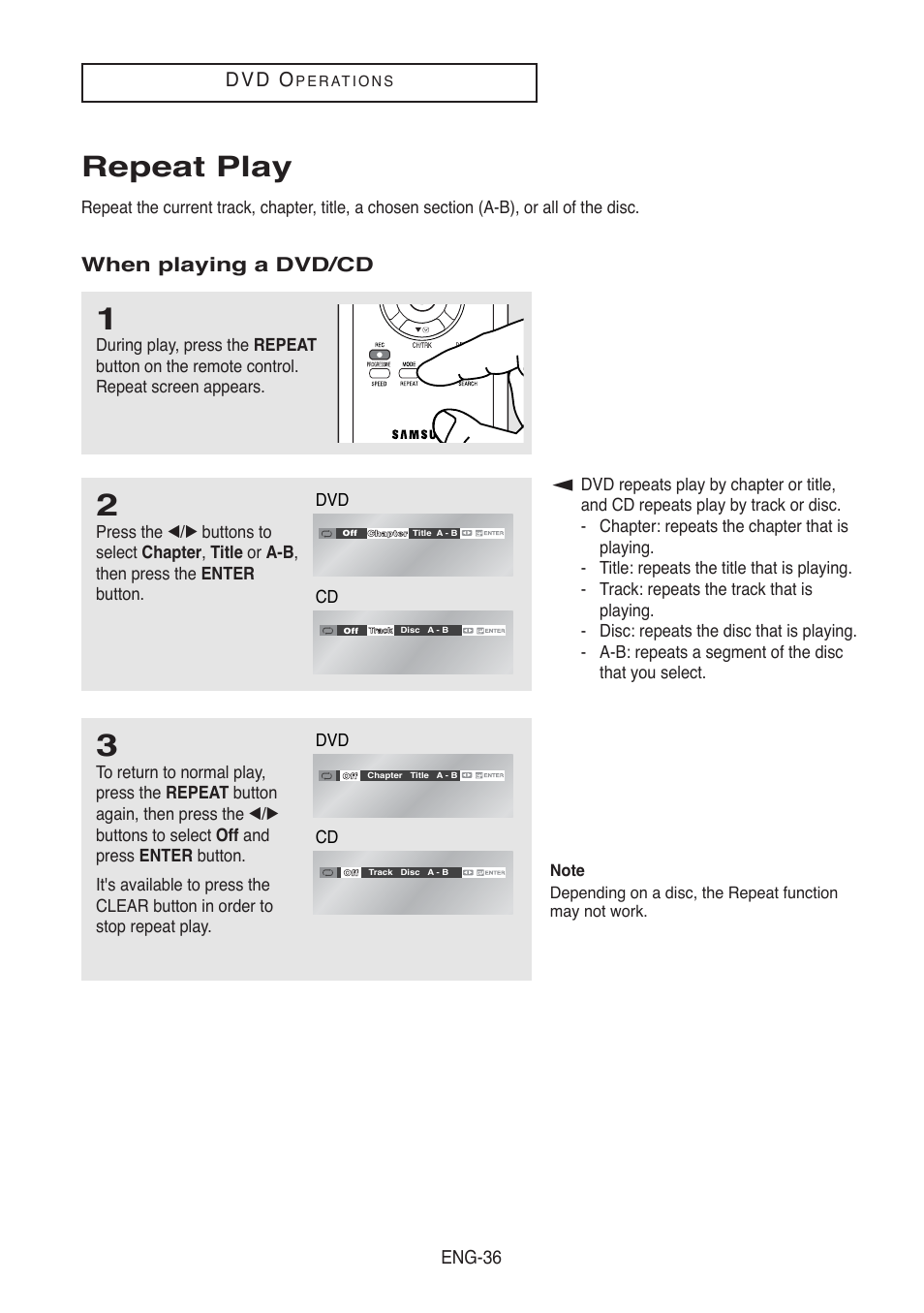 Repeat play, D v d o, When playing a dvd/cd | Samsung DVD-V5500-AFS User Manual | Page 36 / 85