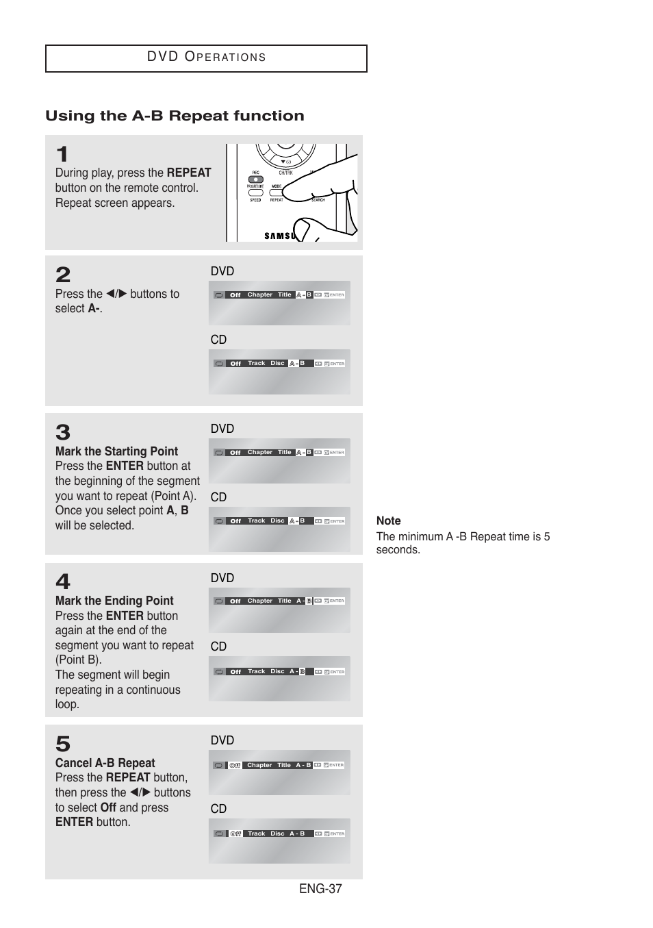 D v d o, Using the a-b repeat function, Eng-37 | Press the œ/√ buttons to select a | Samsung DVD-V5500-AFS User Manual | Page 37 / 85